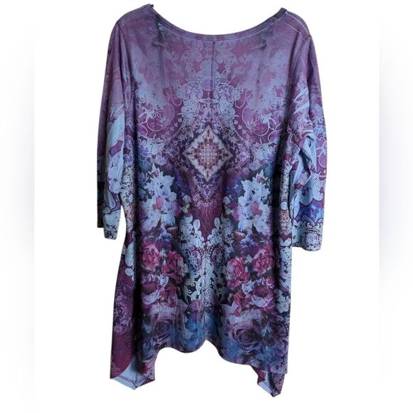 Oneworld Purple & Blue Floral Rhinestone Sublimation Floral Sweater Tunic Top 1X - Picture 3 of 7